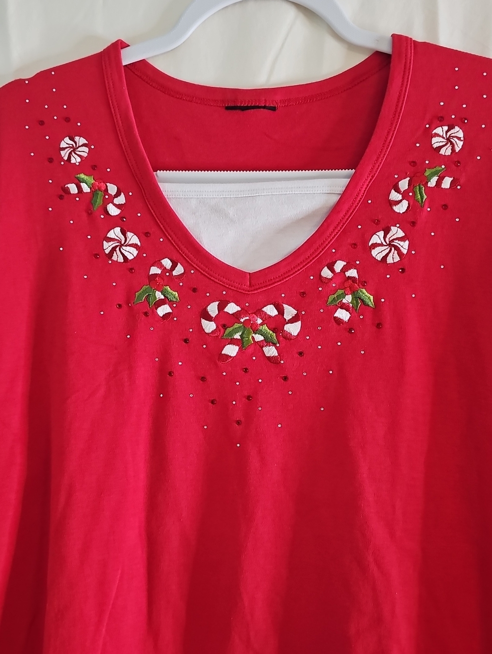 Women’s Embellished V-Neck Red Holiday Top - Picture 2 of 4